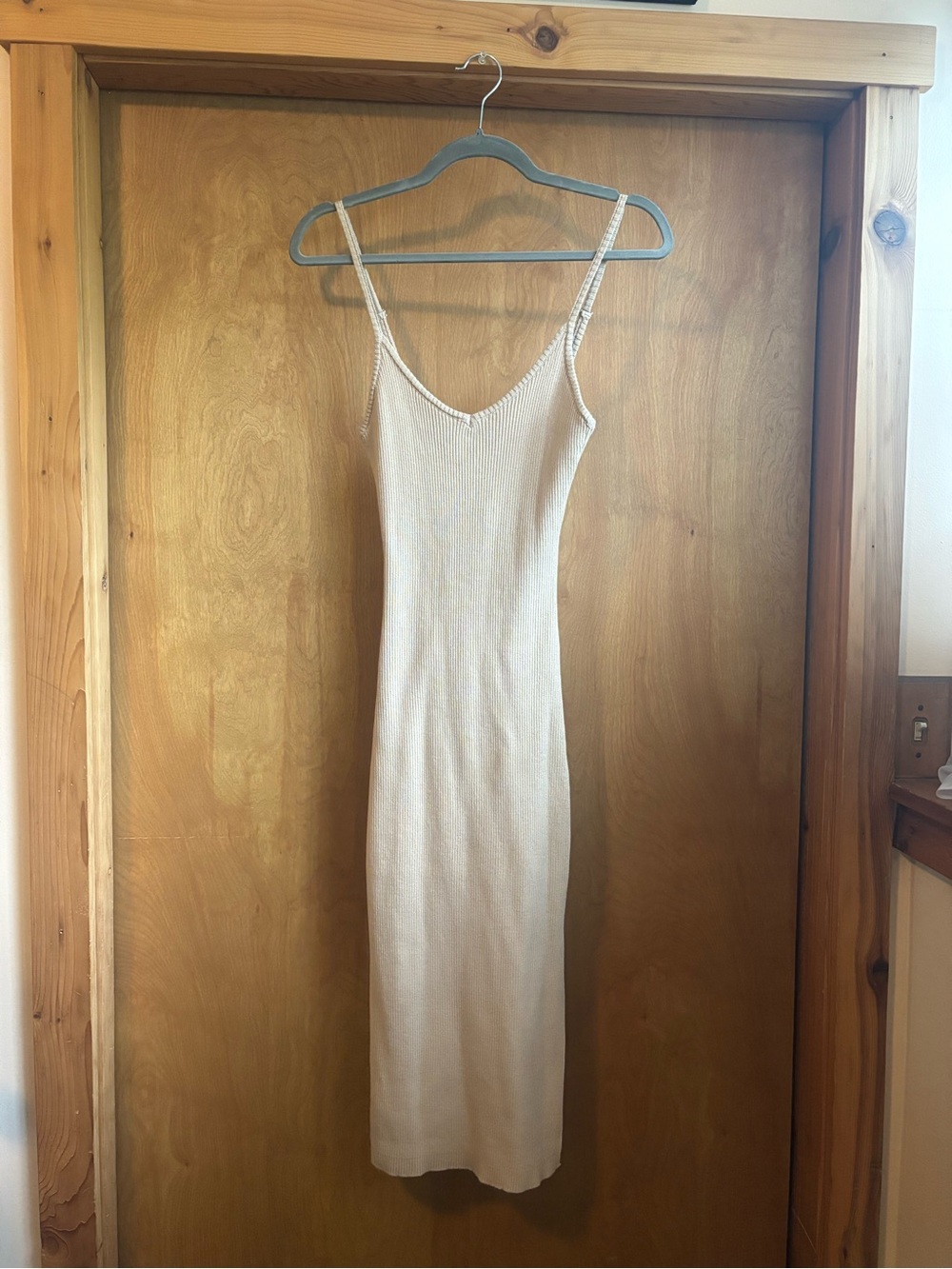 Tan Ribbed Slip Midi Dress - Spaghetti Straps